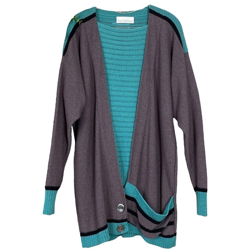 Vtg Steve Fabrikant 2 Pc Set Knit Cardigan Sweater Top Teal Green Gray Size M